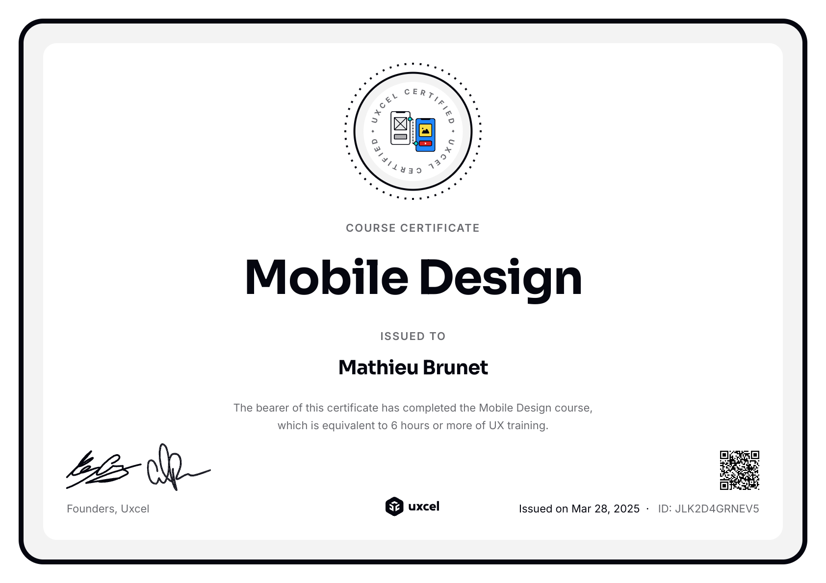Mathieu Brunet's certificate
